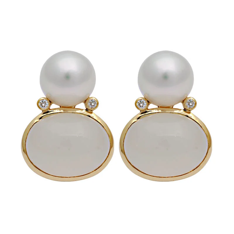 vintage drop earrings -Earrings-Moonstone, South Sea Pearl and Diamond