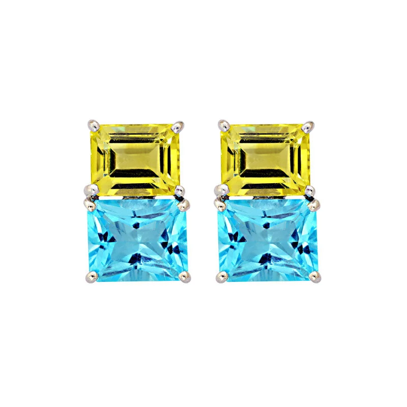 colorful earrings for women -Earrings-Blue Topaz and Lemon Quartz