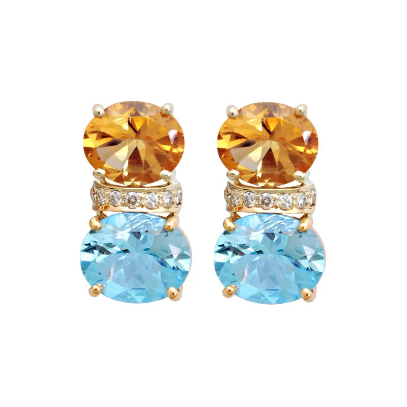 cubic zirconia earrings for women -Earrings-Blue Topaz, Citrine and Diamond