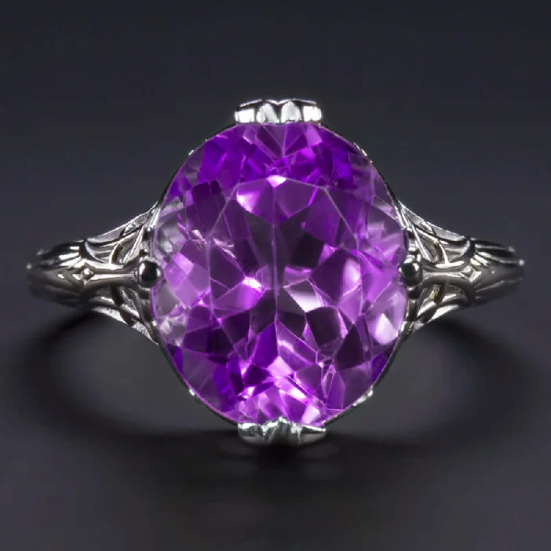 statement rings for women -VINTAGE STYLE AMETHYST 14K WHITE GOLD RING FILIGREE OVAL PURPLE NATURAL COCKTAIL