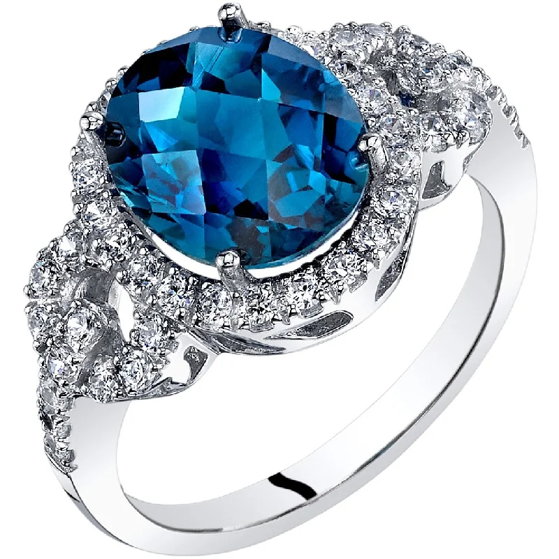 double band rings for women -14k White Gold 3.44ct London Blue Topaz and Cubic Zirconia Ring