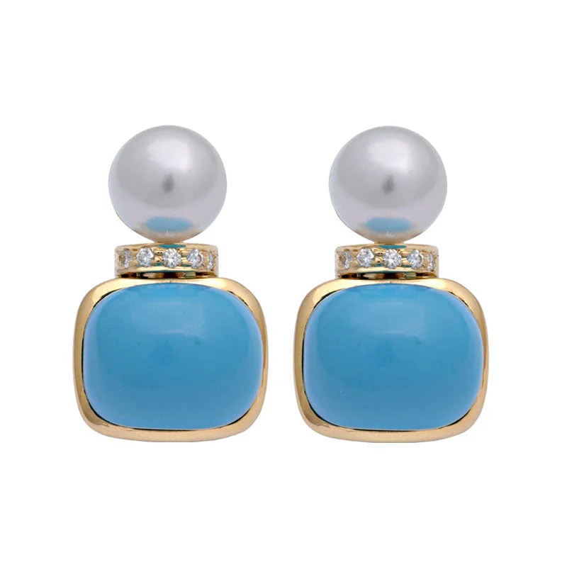 adjustable earrings for women -Earrings-Turquoise, South Sea Pearl and Diamond