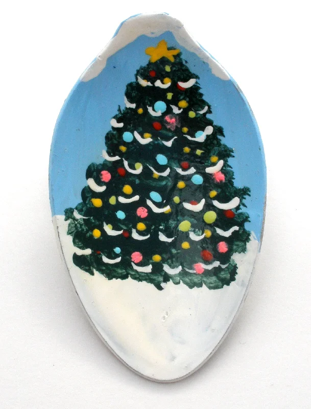 Hand Painted Christmas Tree Spoon Brooch