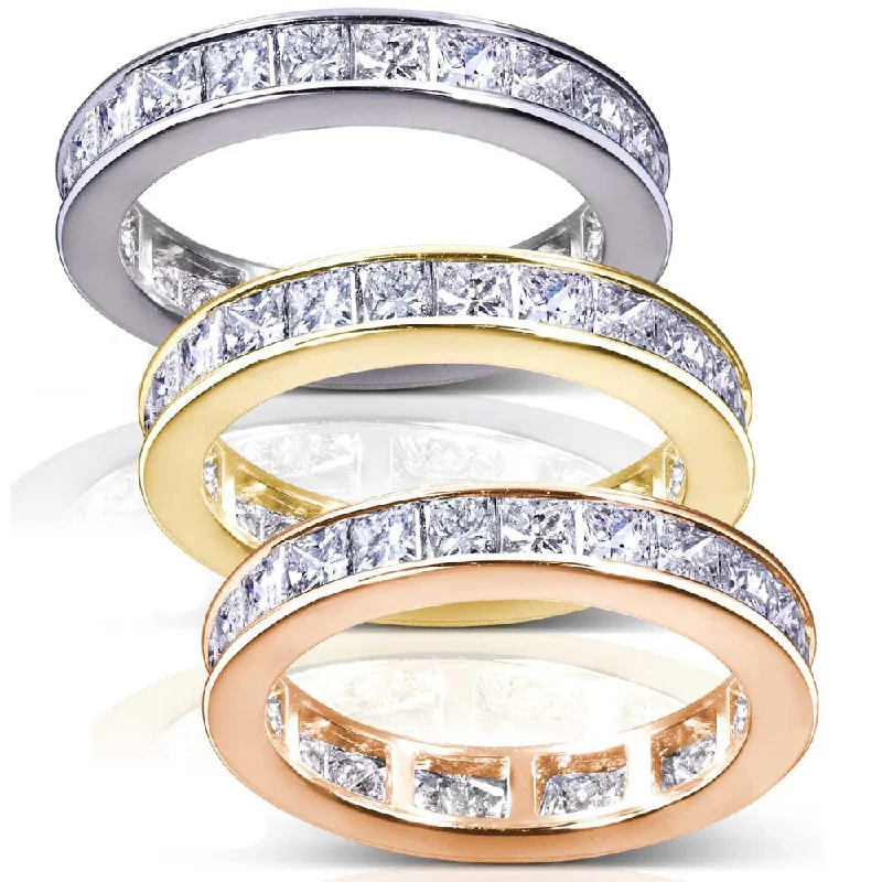 wedding rings with gemstones -Annello 14k Gold 3ct TDW Princess Diamond Eternity Ring