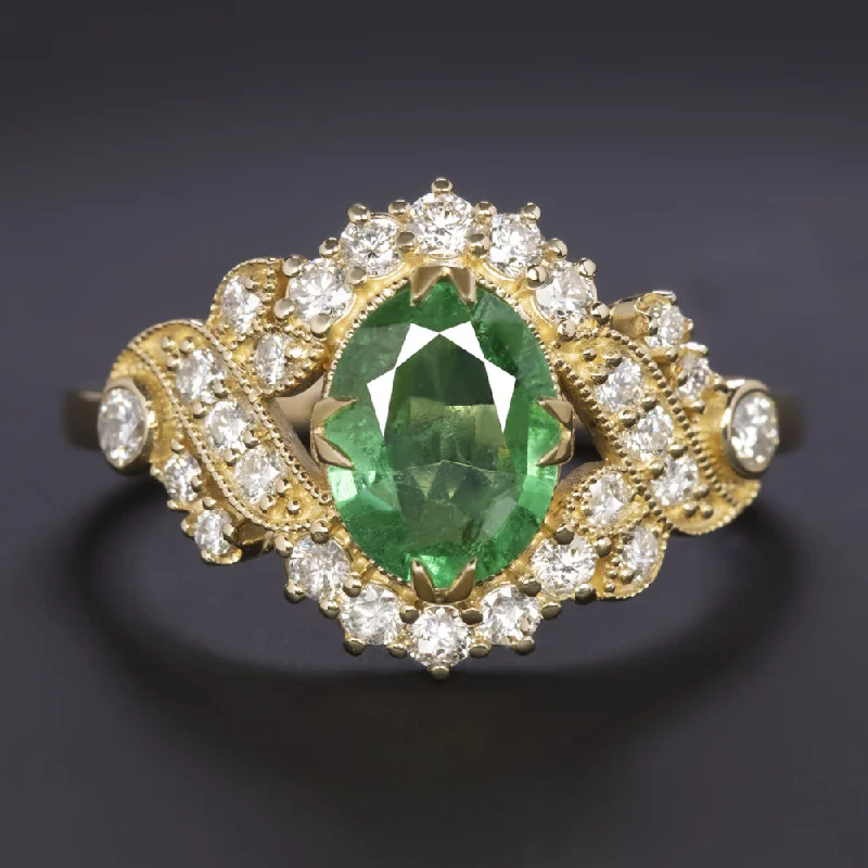 engagement rings for women -1.47ctw EMERALD DIAMOND VINTAGE STYLE COCKTAIL RING OVAL CUT ENGAGEMENT NATURAL