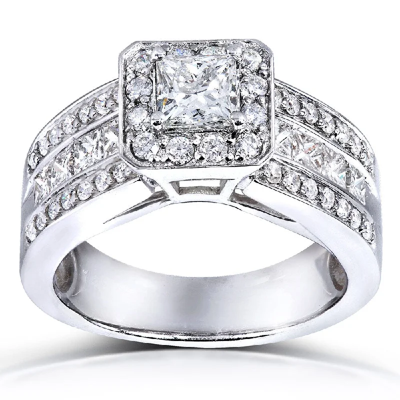 luxury diamond wedding rings -Annello 14k White Gold 1 2/5ct TDW Princess Shape Diamond Halo Ring