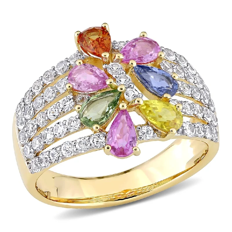 vintage diamond rings -Miadora 14k Yellow Gold Pear-Cut Multi-Color Sapphire Cluster Statement Ring