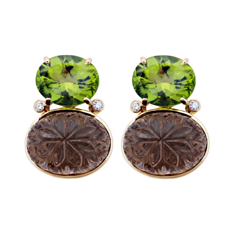 floral earrings for women -Earrings-Peridot, Smokey Quartz and Diamond