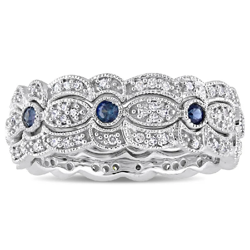 luxury fashion rings for women -Miadora Signature Collection 14k White Gold Sapphire and 2/5ct TDW Diamond Milgrain Filigree 3-Piece Stacking Ring Set - Blue