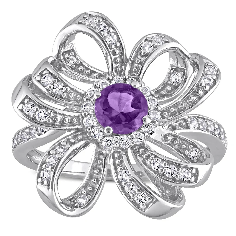 chunky rings for women -Miadora African Amethyst and White Topaz Floral Cluster Ring in Sterling Silver