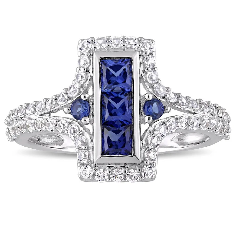 stylish rings for women -Miadora Sterling Silver Created Blue and Created White Sapphire Bar Statement Ring