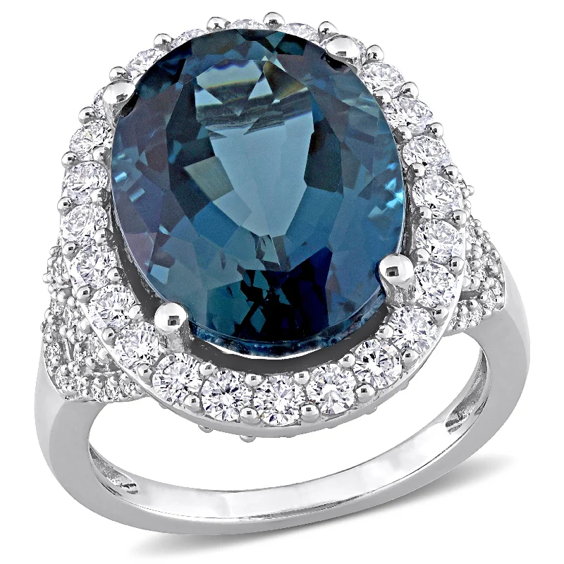 elegant diamond rings for women -Miadora 14k White Gold 12CT TGW London-Blue Topaz and 1 2/5ct TDW Diamond Halo Cocktail Ring