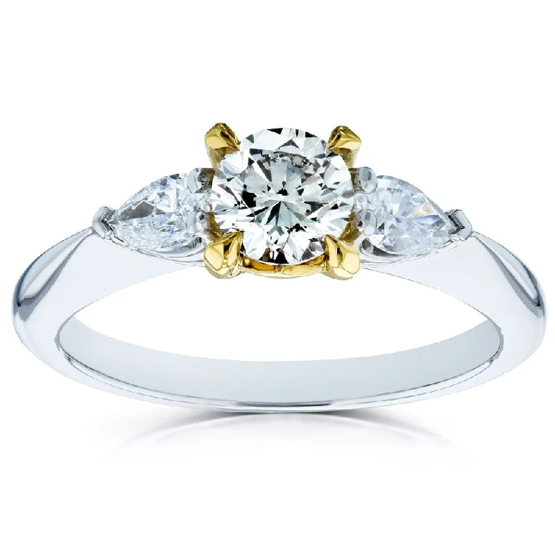 engagement rings with diamonds -Annello by Kobelli 14k Gold 7/8ct TDW Light Fancy Yellow Round Brilliant and White Pear Diamond 3 Stone Pinched Shank Ring