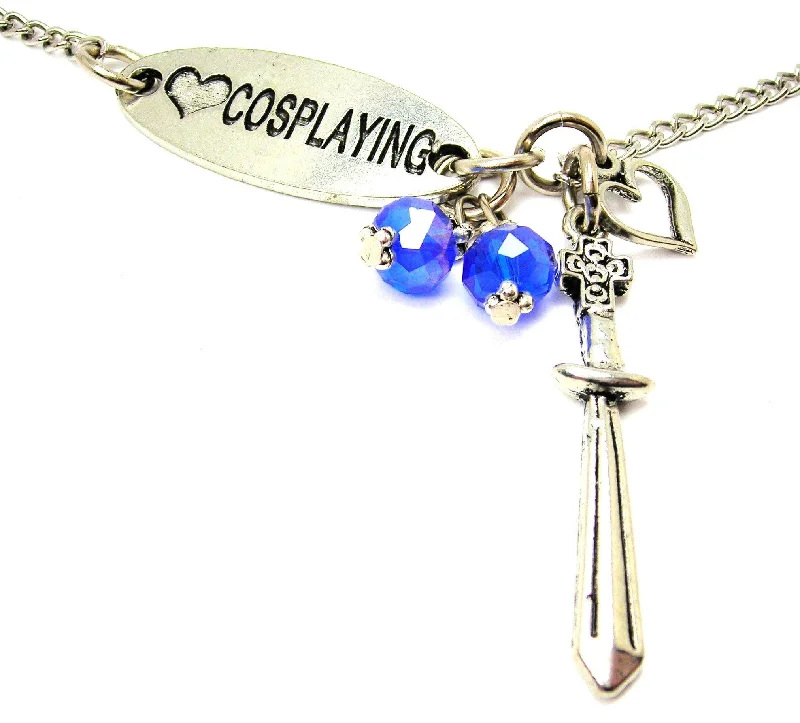 personalized gold necklaces -Love Cosplaying And Sword With Cross Lariat Necklace