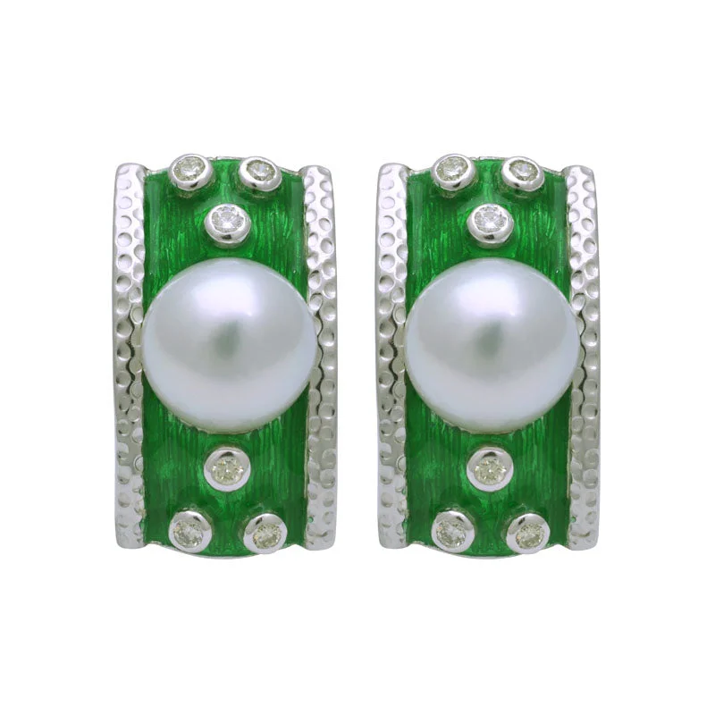 diamond stud earrings for women -Earrings-South Sea Pearl and Diamond (Enamel)