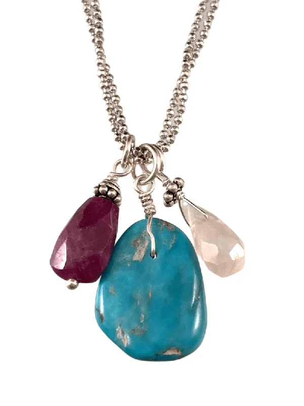 anniversary gift necklaces for women -16"- 18" Sterling Silver Turquoise Charm Necklace with Ruby & Rose Quartz