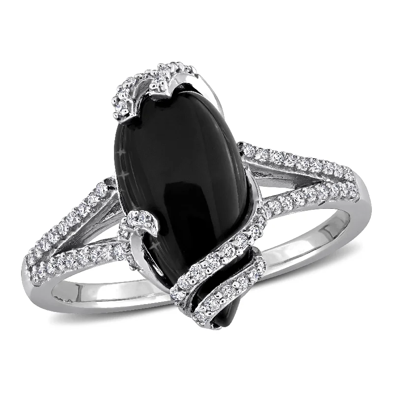 engraved rings for women -Miadora 3 1/2ct TGW Pear-Cut Black Onyx and 1/5ct TDW Diamond Swirl Ring in 10k White Gold