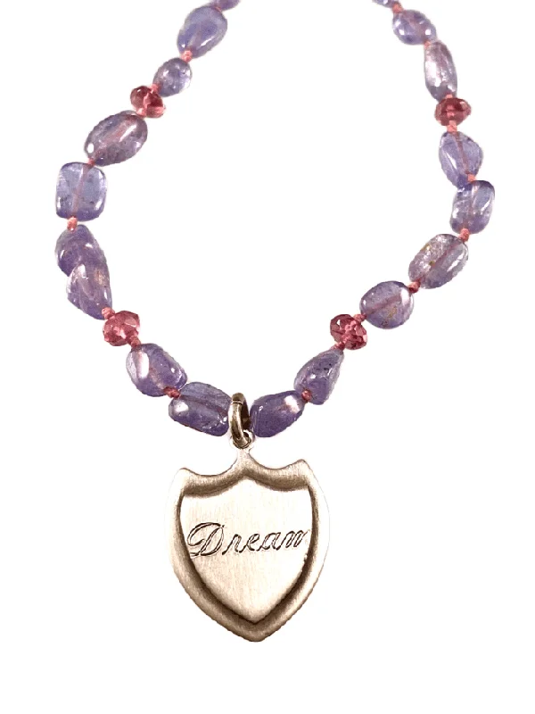 vintage gold necklaces for women -16” Tanzanite & Pink Tourmaline Dream Shield Beaded Necklace