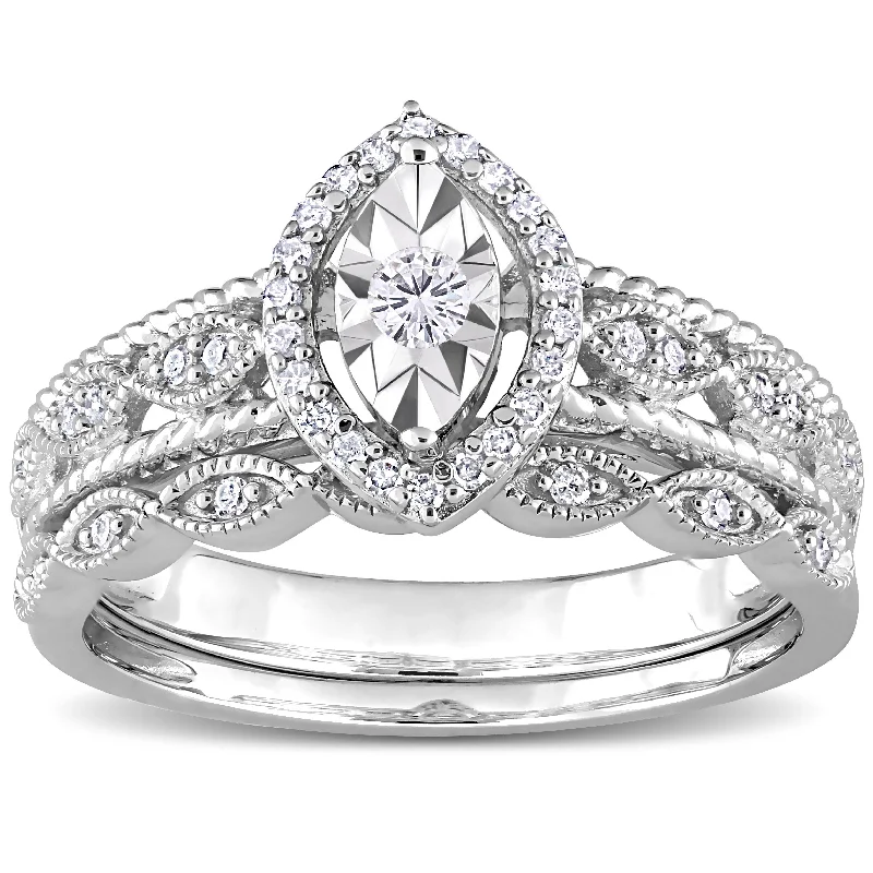 stylish rings for women -Miadora 1/5ct TDW Diamond Pear Halo Bridal Ring Set in Sterling Silver