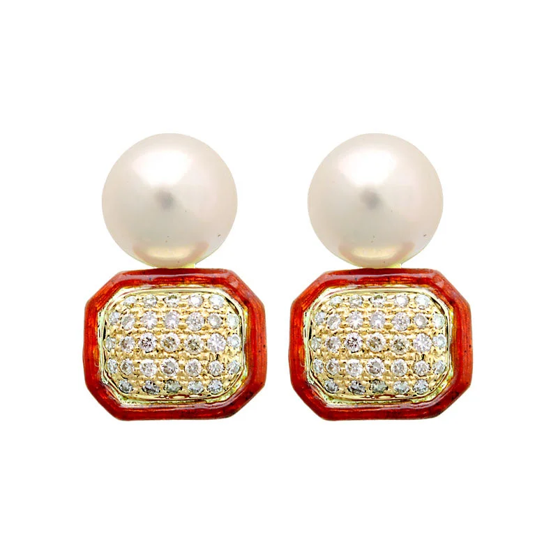 chic earrings for women -Earrings-South Sea Pearl and Diamond (Enamel)