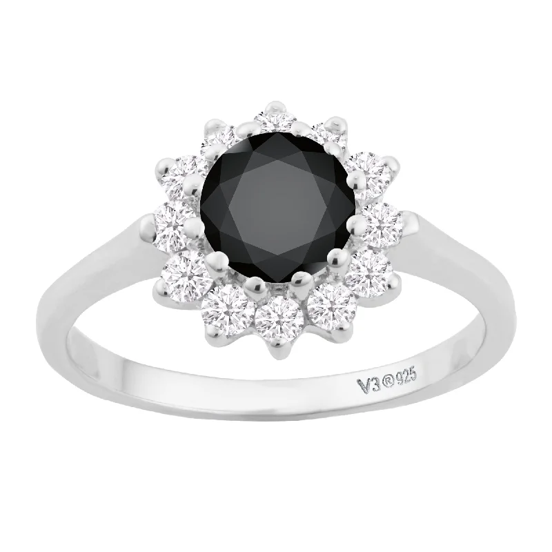 wedding rings with multiple stones -Sterling Silver with Natural Black Diamond and White Topaz Halo Ring