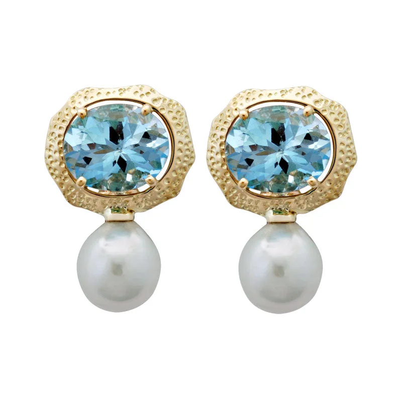 elegant gold earrings for women -Earrings-Blue Topaz and Pearl