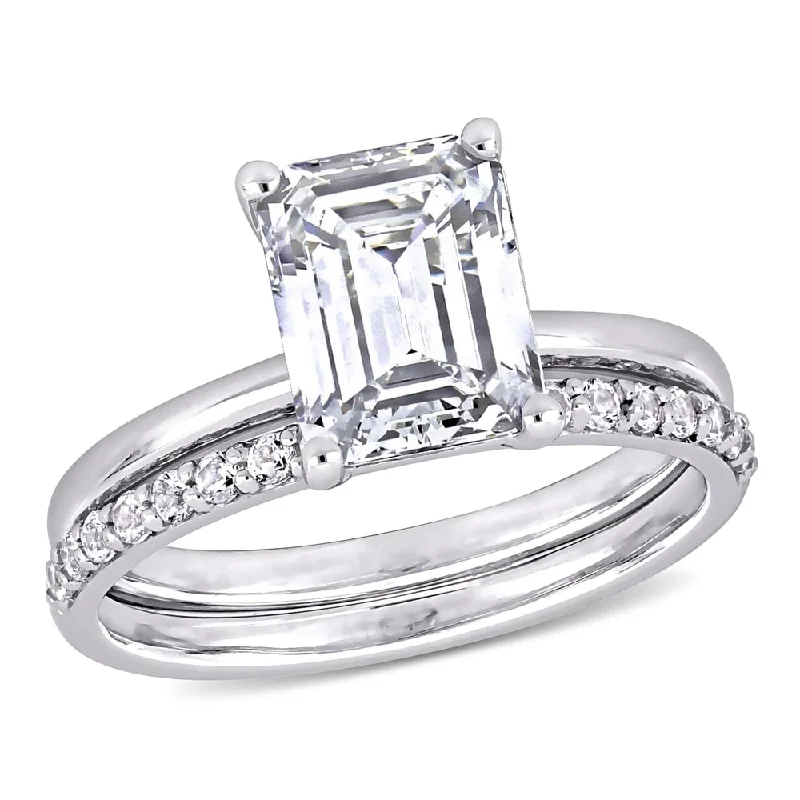 custom birthstone rings -Miadora 10k White Gold Emerald-cut Created White Sapphire Solitaire Wedding Ring Set