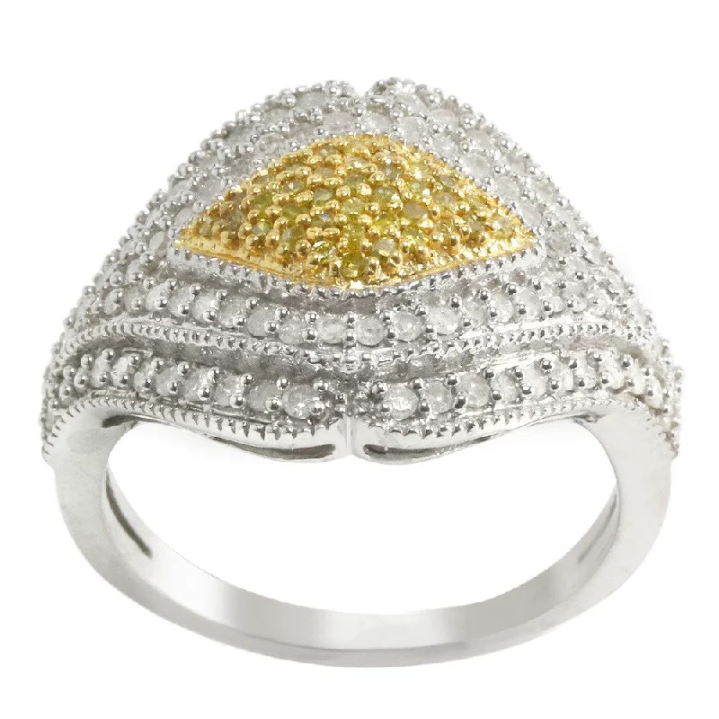 classic rings for women -Sterling Silver 1 ct TDW White and Yellow Diamond Wide Ring