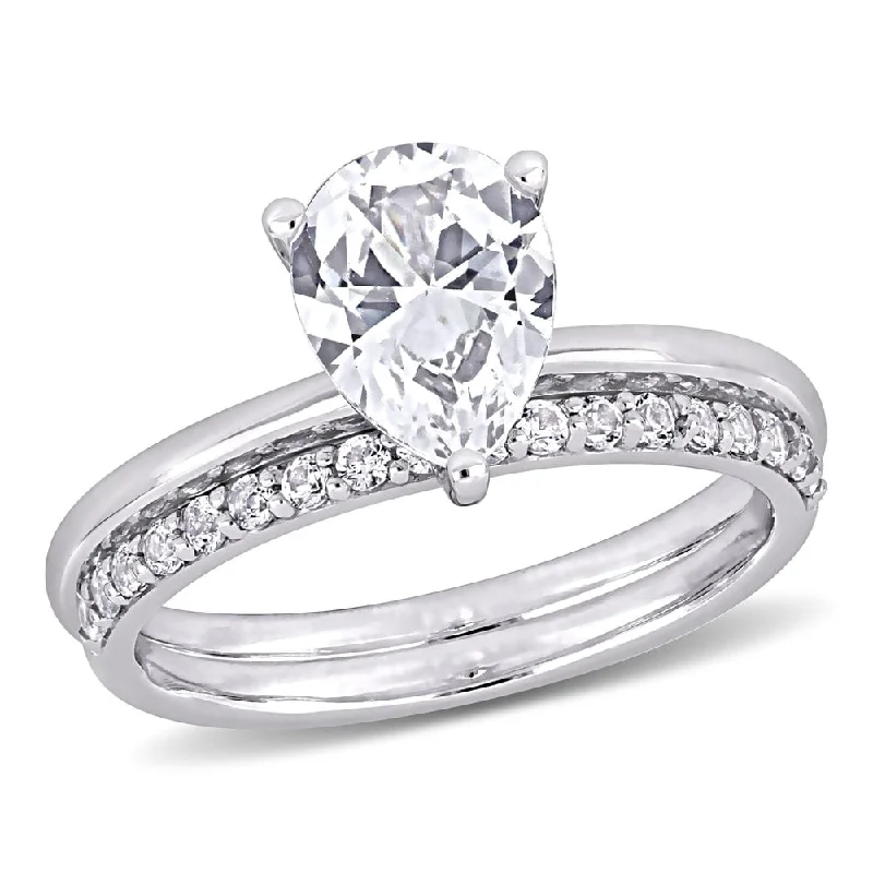 fashion promise rings -Miadora 10k White Gold Pear-cut Created White Sapphire Solitaire Wedding Ring Set