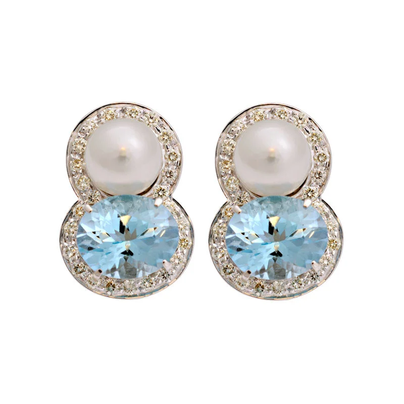 simple earrings for women -Earrings-Blue Topaz, South Sea Pearl and Diamond