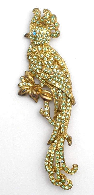 Green Rhinestone Bird of Paradise Brooch Pin 5"