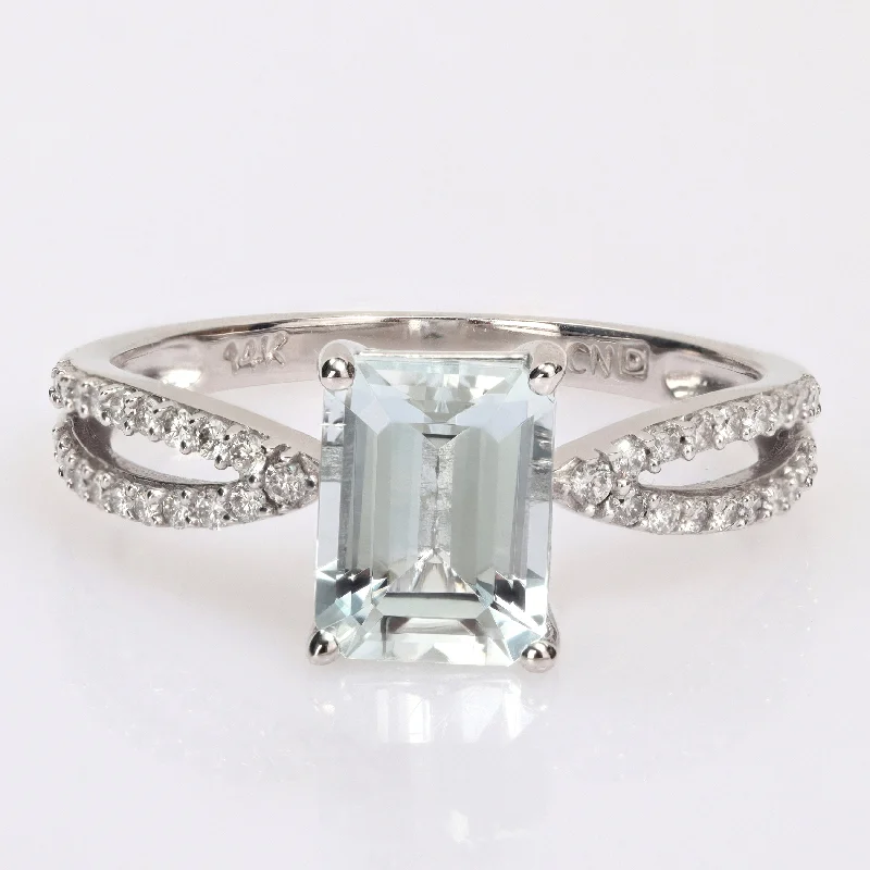 statement rings for women -Miadora Octagon-cut Aquamarine and 1/5ct TDW Diamond Split Shank Cocktail Ring in 14k White Gold