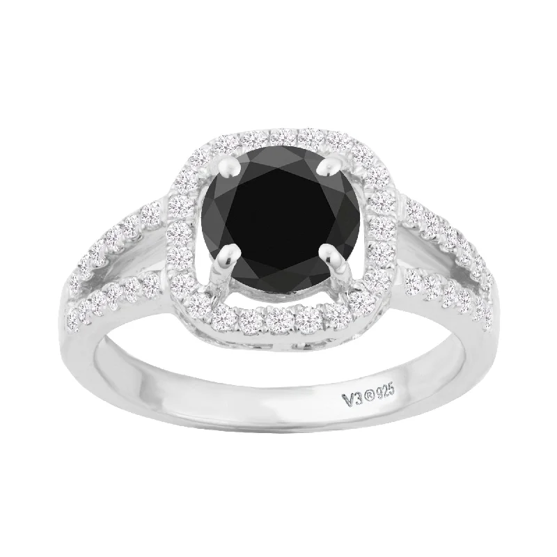 eternity diamond wedding rings -Sterling Silver with Natural Black Diamond and White Diamond Halo Ring