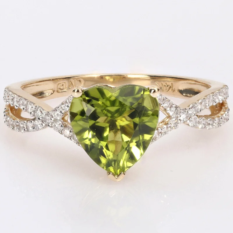 large statement rings -Miadora Heart-cut Peridot and 1/5ct TDW Diamond Crossover Ring in 14k Yellow Gold