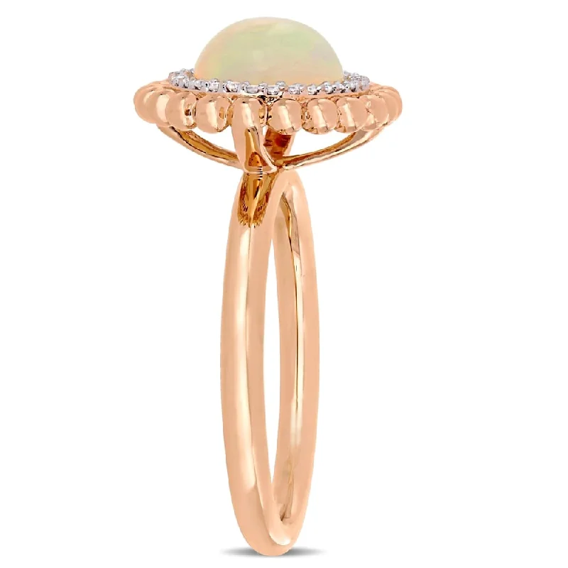 gemstone rings for women -Miadora 14k Rose Gold Blue-Hued Ethiopian Opal and 1/10ct TDW Diamond Beaded Halo Cocktail Ring