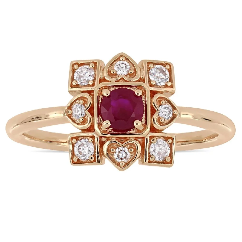 anniversary rings with gemstones -Miadora Signature Collection 10k Rose Gold Ruby and 1/5ct TDW Diamond Clustered Square Halo Artisanal Ring