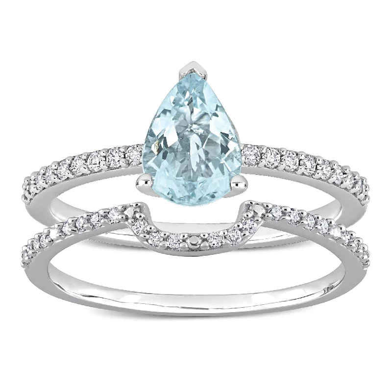 vintage rings for women -Miadora Pear-cut Aquamarine and 1/4ct TDW Diamond Teardrop Bridal Ring Set in 14k White Gold