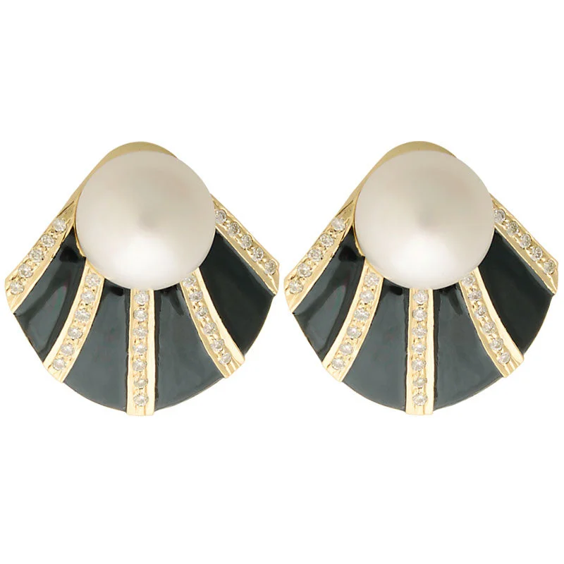 luxury drop earrings -Earrings-South Sea Pearl and Diamond (Enamel)