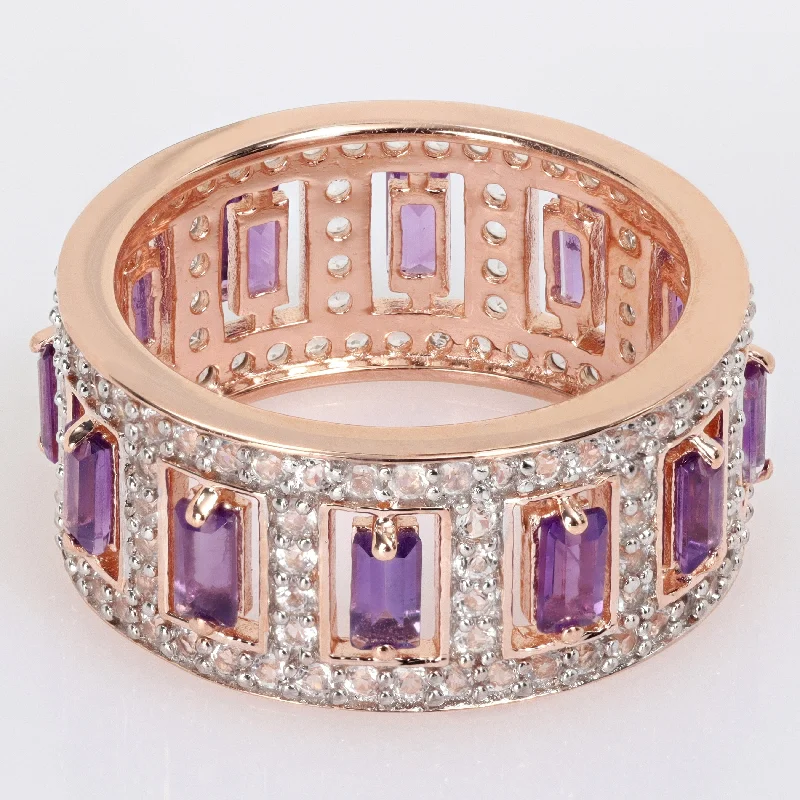 wedding rings for couples -Miadora African Amethyst and White Topaz Eternity Ring in Rose Plated Sterling Silver