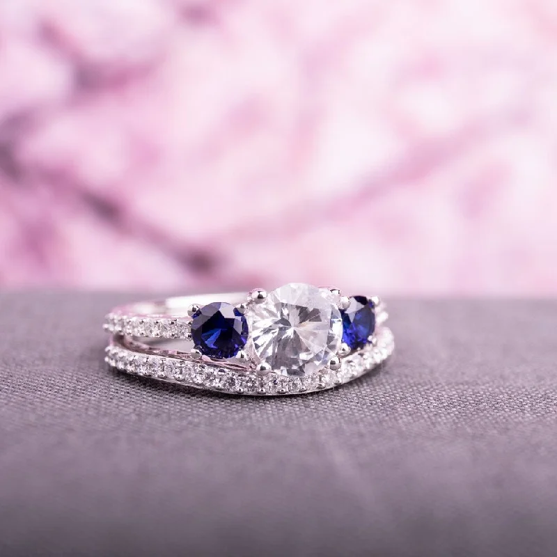 wedding sets with rings -Miadora 10k White Gold Created White and Blue Sapphire 1/3ct TDW Diamond Bridal Ring Set