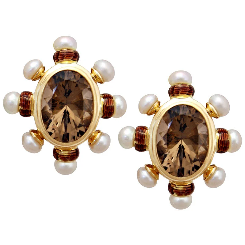 gold stud earrings for women -Earrings-Smokey Quartz and Pearl (Enamel)