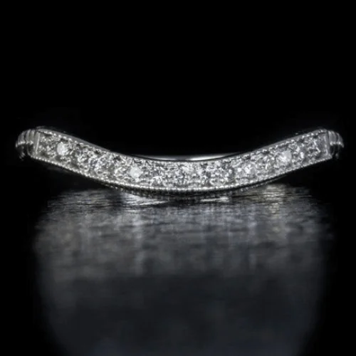 unique diamond rings for women -VINTAGE STYLE DIAMOND WEDDING BAND CURVED RING 14K WHITE GOLD CONTOUR ENGRAVED