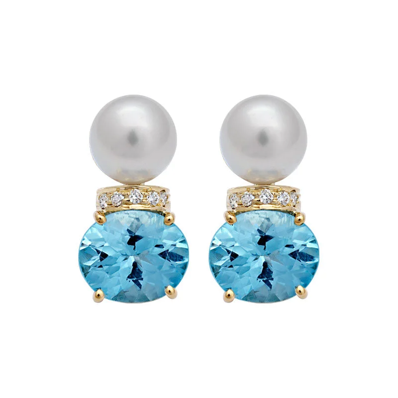 minimalist gold earrings for women -Earrings-Blue Topaz, South Sea Pearl and Diamond