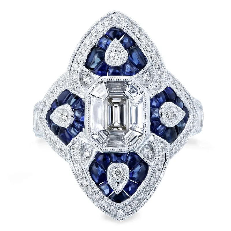 elegant diamond rings for women -Annello by Kobelli 14K White Gold 2 1/2ct TGW Diamond and Sapphire Cabochon Ornate Long Pointed Ring - Size 7