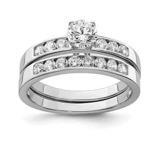 wedding sets with rings -Sterling Silver CZ Round Two Piece Channel Set Wedding Rings Set