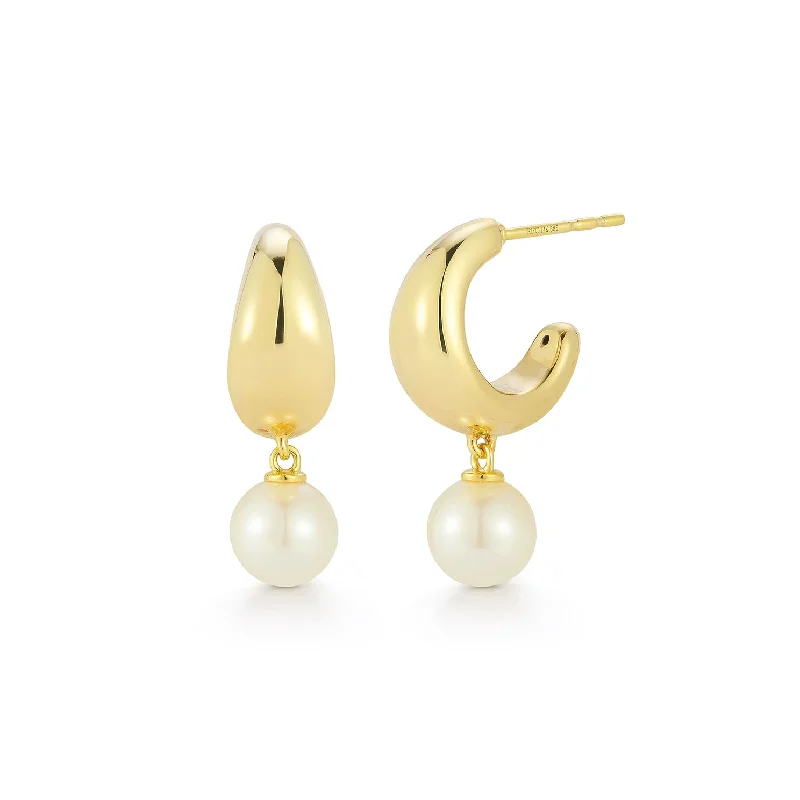 modern earrings for women -Pearl Drop Gold Jumbo Dome Huggie Earrings