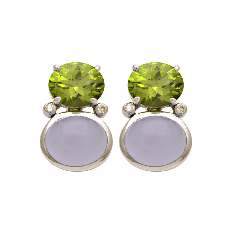 gold earrings for women -Earrings-Peridot, Chalcedony and Diamond