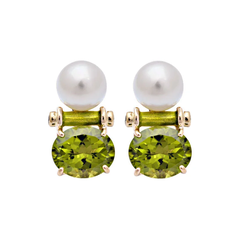 romantic pearl earrings for women -Earrings-Peridot, South Sea Pearl and Diamond (Enamel)