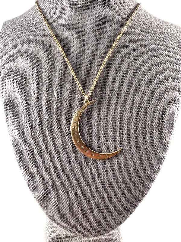 gold bar necklaces for women -14k Gold 18” Crescent Moon Necklace with Diamonds