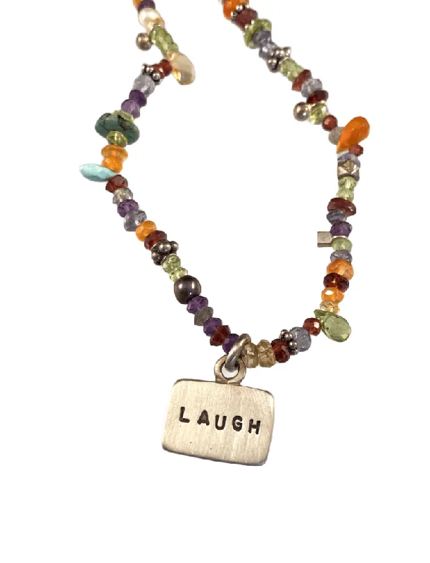 gemstone pendant necklaces for women -18" Multi Gemstone Laugh Tag Charm Necklace